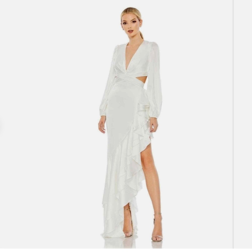 Mac Duggal Gown Asymmetrical Cut Out Ruffle in Satin White size 10  NWT